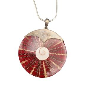Sterling Silver 925 Natural Shell Inlay Spiral Pendant Red Necklace 925‎ 18"